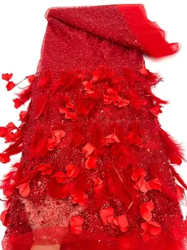Raudona Afrikos Sunkiųjų Puošnios Nėrinių Audinys, Cirkonio prancūzijos, Rankų darbo 3D Siuvinėjimai Blizgančiais Nėrinių Audiniai Bridal Vestuvinė Suknelė