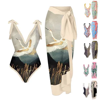 Senovinių Moterų karšto Spausdinti Bikini Rinkiniai maudymosi kostiumėlį & Sijonas Seksualus Nesimetriškas vientisi maudymosi Kostiumėliai, Moterų Padengti Iki Paplūdimio Maudymosi Kostiumai