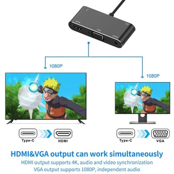 5in1, Usb, C HDMI VGA 3,5 mm USB3.0 HUB PD Įkrovimo Tipas-C Docking Station Nešiojamas Perjungti Telefoną Pratęsti Ekranas USBC Adapteris
