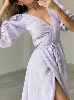 Moterų V-Kaklo Ilgai Wrap Dress 2023 Vasaros Elegantiškas Trumpas Sluoksniuotos Rankovėmis A-Lin Suknelės Panele Seksuali Aukšto Juosmens Slim 