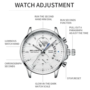 BELUSHI Prabanga Chronometras Laikrodžiai Vyrams, Sporto Prekės Kalendorius Vandeniui Vyrų Kvarcinis Laikrodis Odos Šviesos Laikrodis Žmogui Reloj