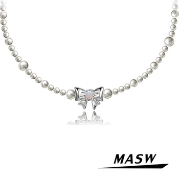 MASW Originalaus Dizaino Apvalus Didelis Qulaity Stiklo Imituojamas Perlų Vėrinį Elegantiškas Papuošalai Vienas Sluoksnis Bowknot Karoliai Moterims, Dovana